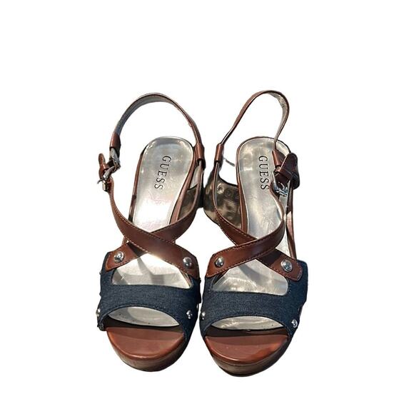Guess Blue Denim Studded Sandal High Heels Blue & Brown  Size 8M - Picture 3 of 7